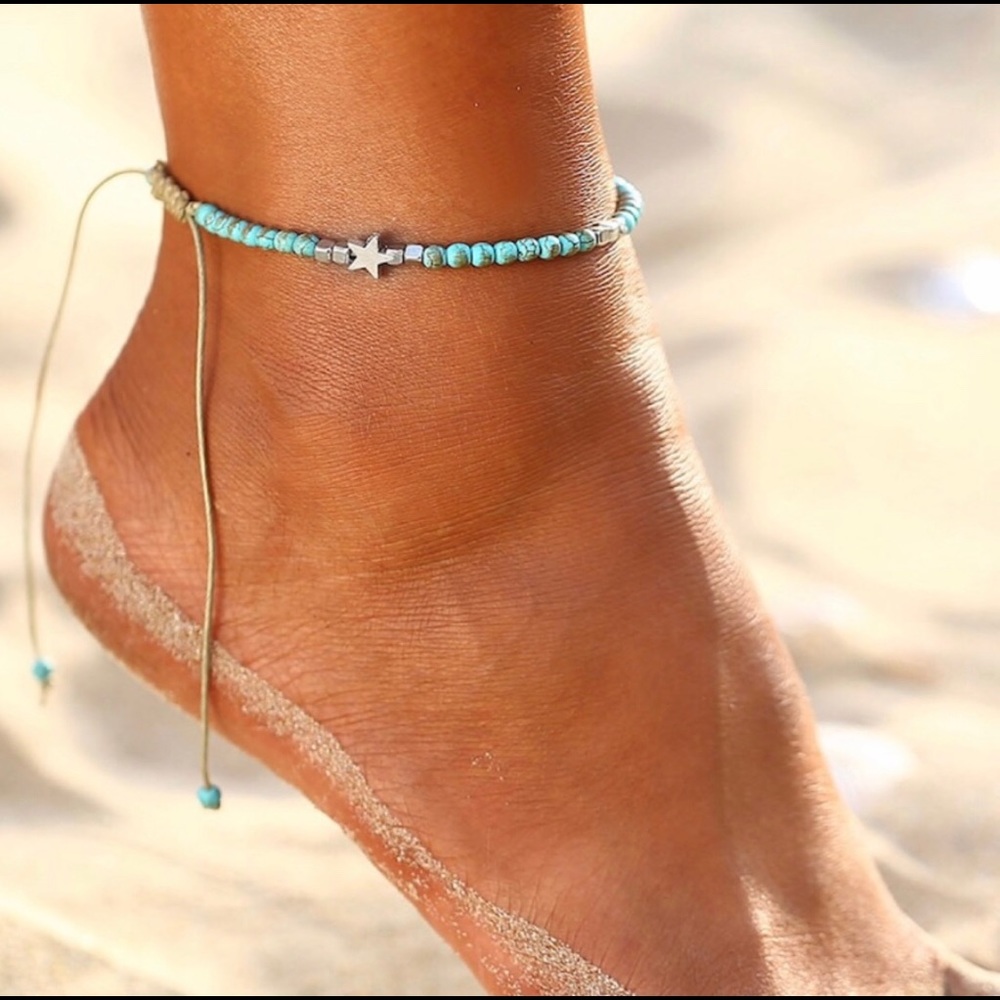 2/$10 Turquoise Beaded Anklet with Silver Charm Accents